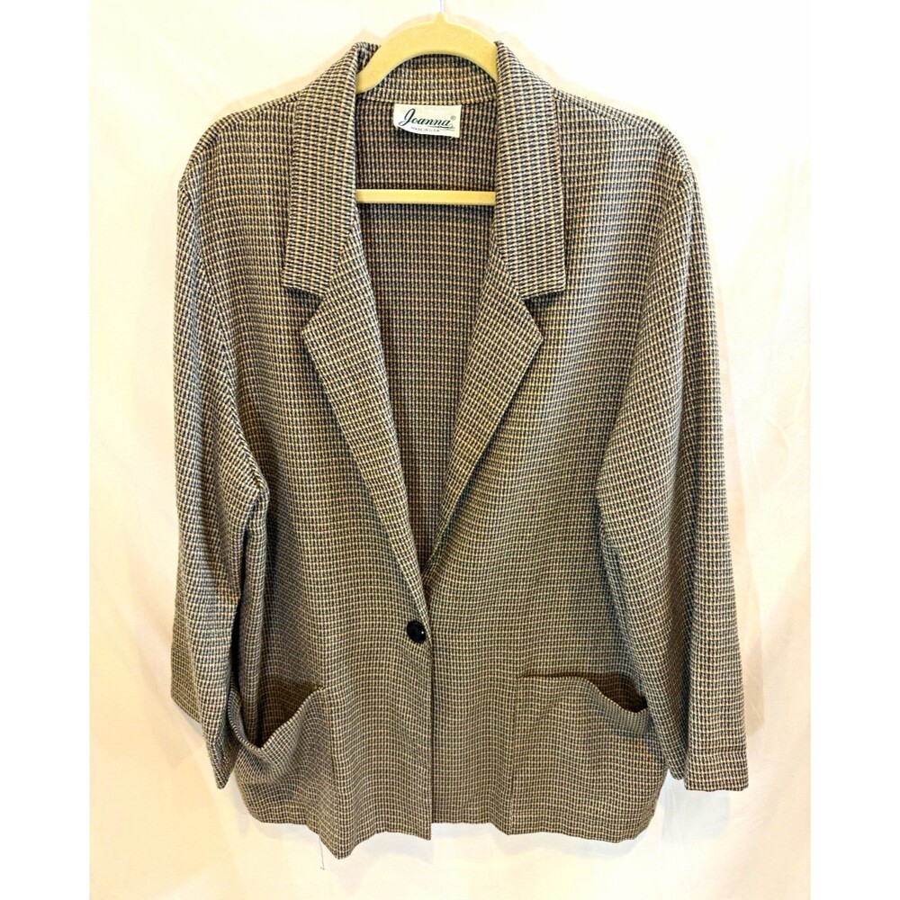 Vintage Joanna Made in USA Brown Tweed Houndstooth Blazer Womens 14 16 L XL⁠